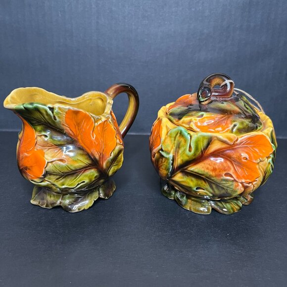 Vintage Cream and Sugar Set Orange Brown Ceramic Pottery Fall Leaves Decor Japan - Picture 1 of 9